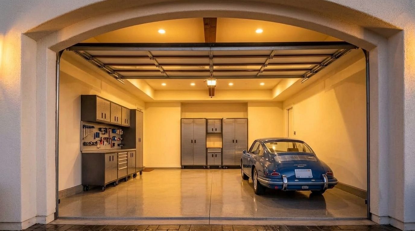 Baker Garage Door Repair Techs Interior View of Custom Garage Door Overhead and Workshop